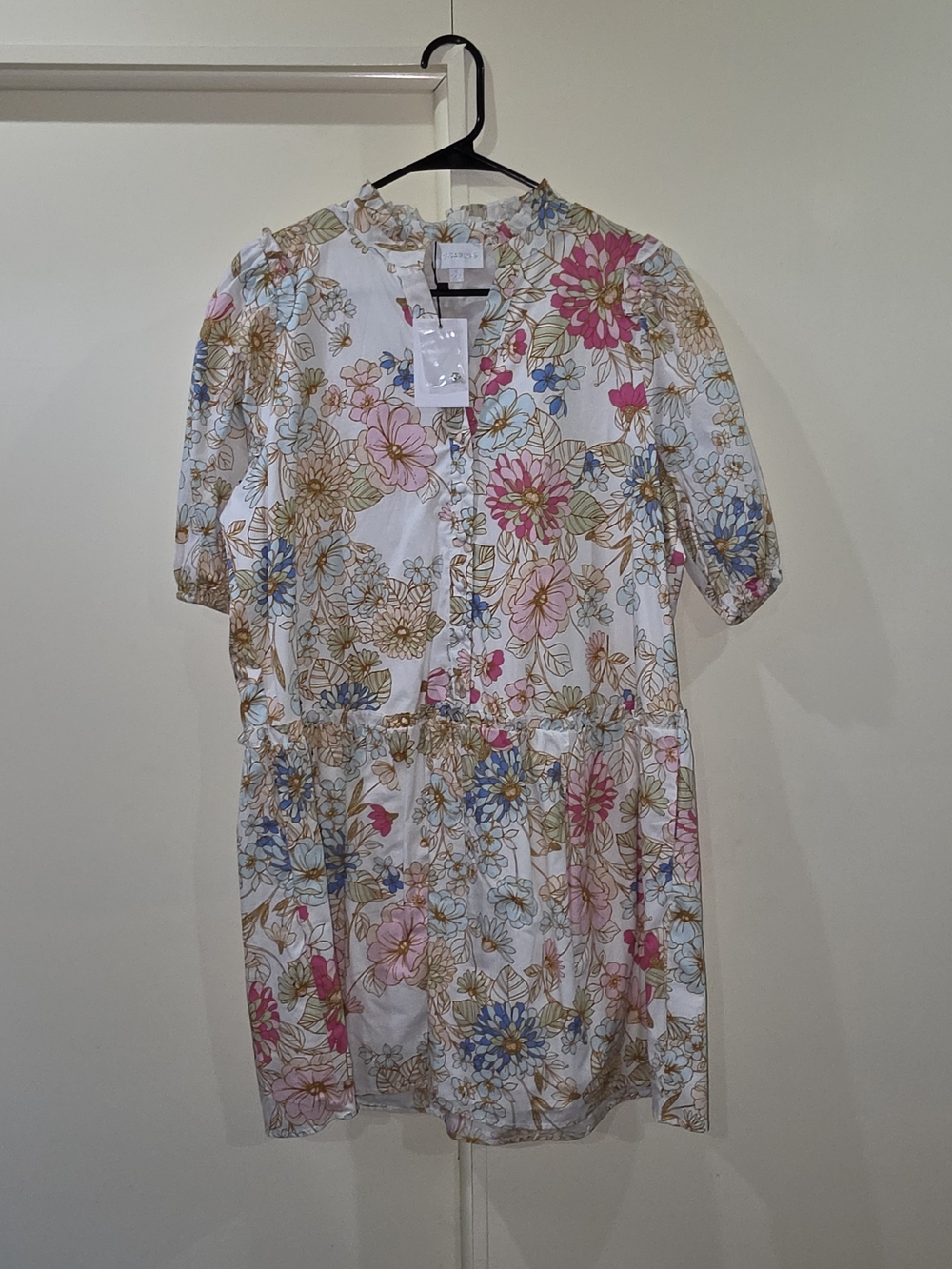 Sugarlips White Floral Button-Front Mini Dress with Pink & Blue Blooms